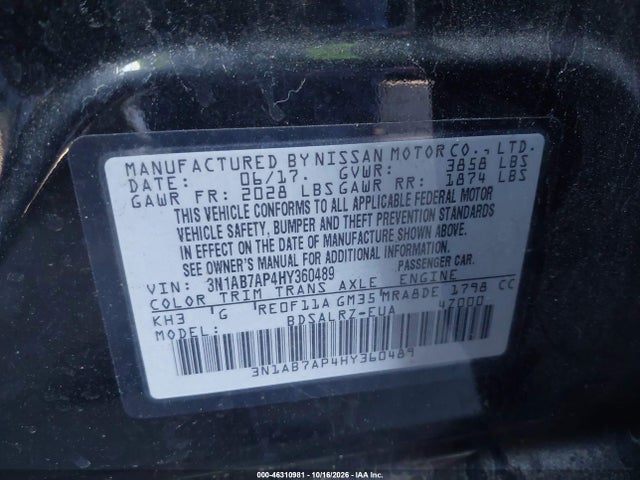 Продаж на аукціоні авто 2017 Nissan Sentra Sr, vin: 3N1AB7AP4HY360489, номер лоту: 46310981
