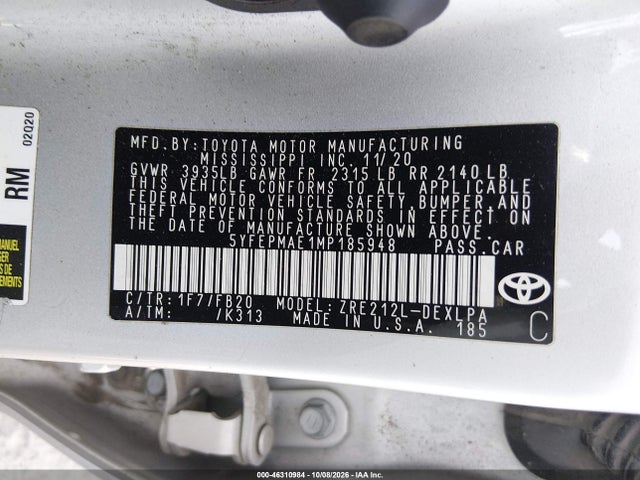 Продаж на аукціоні авто 2021 Toyota Corolla Le, vin: 5YFEPMAE1MP185948, номер лоту: 46310984