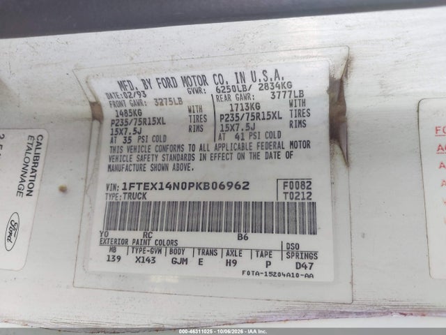 Aukcja sprzedaży 1993 Ford F150, vin: 1FTEX14N0PKB06962, numer aukcji: 46311025
