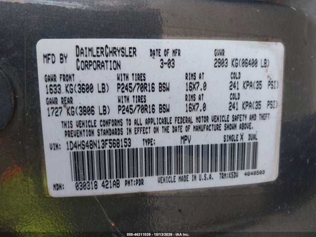 Продаж на аукціоні авто 2003 Dodge Durango Slt, vin: 1D4HS48N13F568153, номер лоту: 46311039