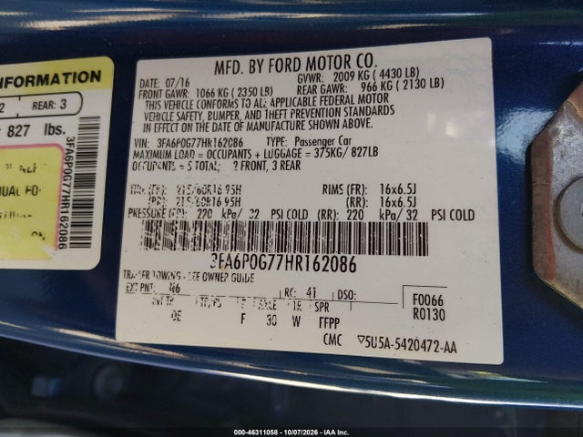 2017 Ford Fusion S მანქანა იყიდება აუქციონზე, vin: 3FA6P0G77HR162086, აუქციონის ნომერი: 46311058