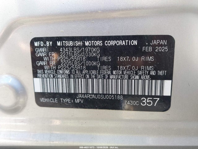 46311073 :رقم المزاد ، JA4ARUAU0SU005188 vin ، 2025 Mitsubishi Outlander Sport 2.0 Es Awc/2.0 Le Awc/2.0 S Awc/2.0 Se Awc/2.0 Trail Edition Awc مزاد بيع
