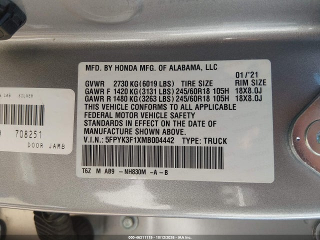 Honda Ridgeline Awd Sport 2021 5FPYK3F1XMB004442 Image 9