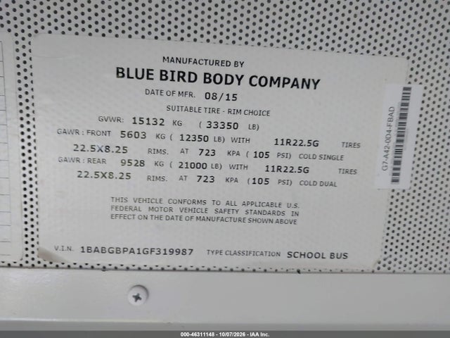 Blue Bird School Bus / Transit Bus 2016 1BABGBPA1GF319987 Image 9