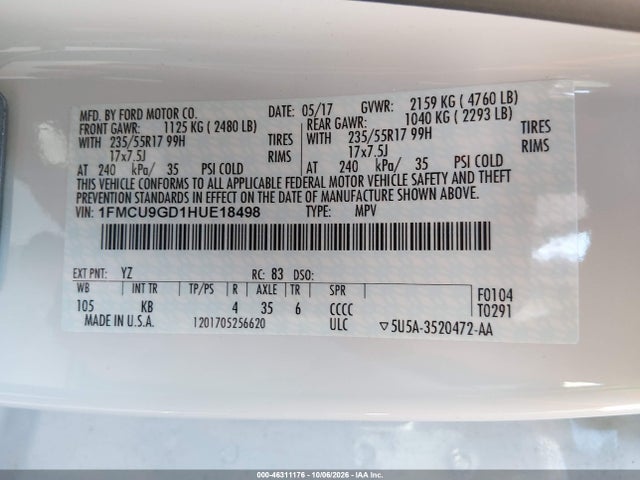 Ford ESCAPE SE 2017 1FMCU9GD1HUE18498 Image 9
