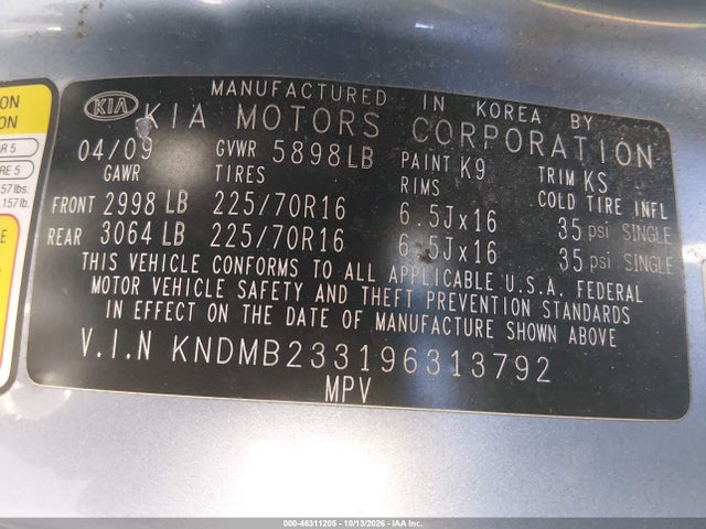 Aukcja sprzedaży 2009 Kia Sedona Lx, vin: KNDMB233196313792, numer aukcji: 46311205
