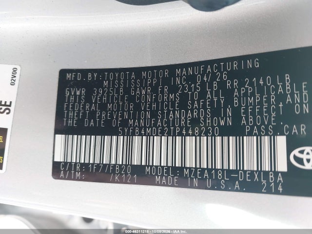 Aukcja sprzedaży 2026 Toyota Corolla Le, vin: 5YFB4MDE2TP448230, numer aukcji: 46311218