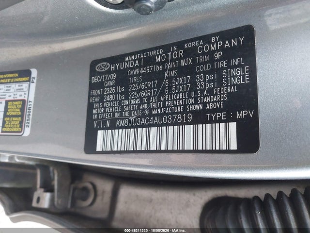 Продажа на аукционе авто 2010 Hyundai Tucson Gls, vin: KM8JU3AC4AU037819, номер лота: 46311230