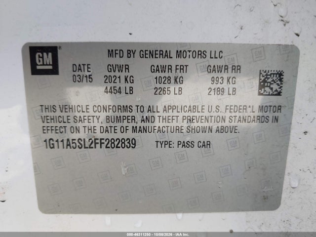 46311250 :رقم المزاد ، 1G11A5SL2FF282839 vin ، 2015 Chevrolet Malibu 1fl مزاد بيع