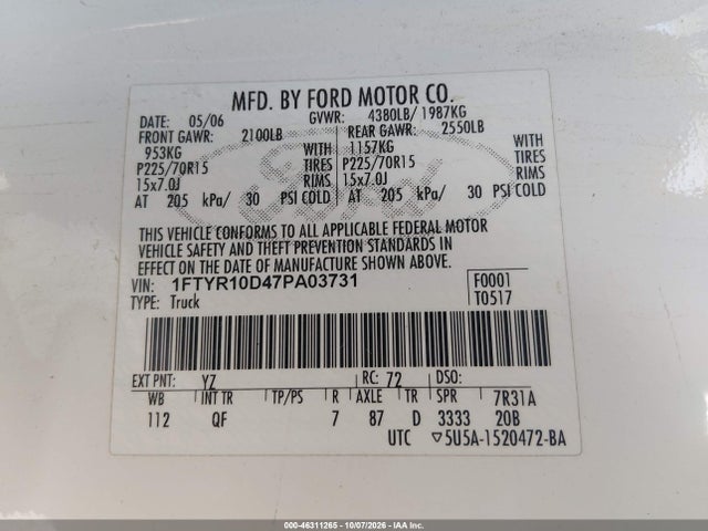 Aukcja sprzedaży 2007 Ford Ranger Stx/xl/xlt, vin: 1FTYR10D47PA03731, numer aukcji: 46311265