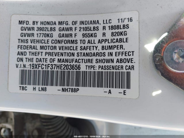 Aukcja sprzedaży 2017 Honda Civic Ex-t, vin: 19XFC1F37HE203656, numer aukcji: 46311315