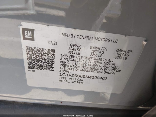Aukcja sprzedaży 2021 Chevrolet Bolt Ev Fwd Premier, vin: 1G1FZ6S00M4108402, numer aukcji: 46311319