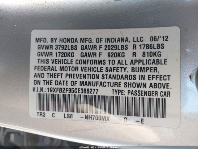 2012 Honda Civic Ex-l მანქანა იყიდება აუქციონზე, vin: 19XFB2F95CE366277, აუქციონის ნომერი: 46311322