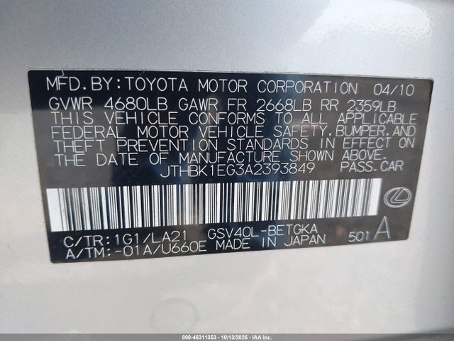 Aukcja sprzedaży 2010 Lexus Es 350, vin: JTHBK1EG3A2393849, numer aukcji: 46311353