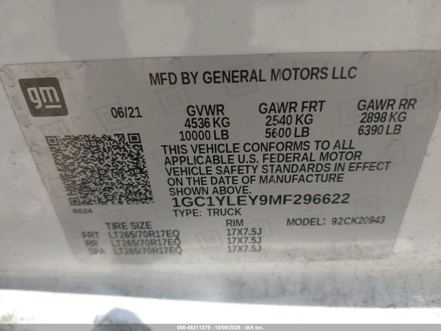 1GC1YLEY9MF296622 Chevrolet Silverado 2500hd 4wd Long Bed Wt