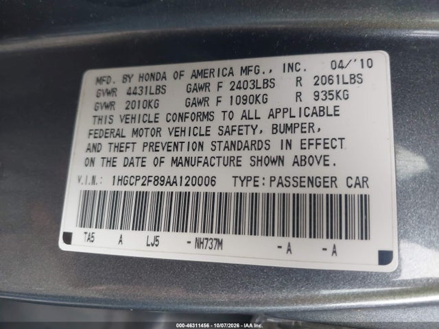 Aukcja sprzedaży 2010 Honda Accord 2.4 Ex-l, vin: 1HGCP2F89AA120006, numer aukcji: 46311456