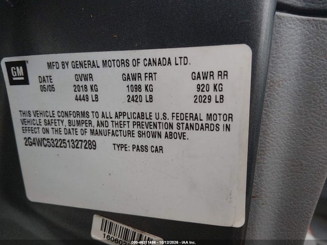2005 Buick Lacrosse Cx მანქანა იყიდება აუქციონზე, vin: 2G4WC532251327289, აუქციონის ნომერი: 46311496