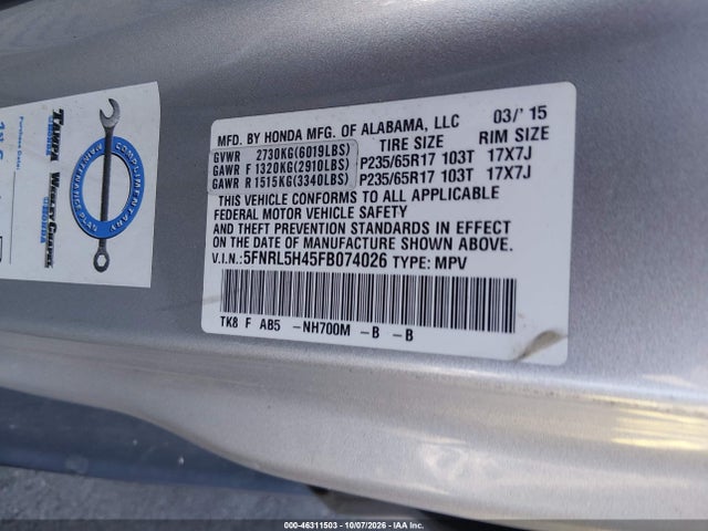 46311503 :رقم المزاد ، 5FNRL5H45FB074026 vin ، 2015 Honda Odyssey Ex مزاد بيع