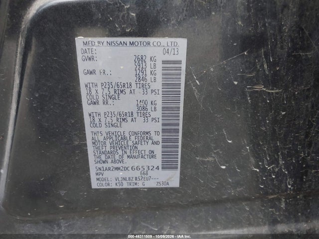 Продажа на аукционе авто 2013 Nissan Pathfinder S, vin: 5N1AR2MM2DC665324, номер лота: 46311509