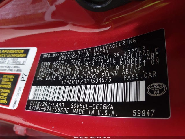 46311511 :رقم المزاد ، 4T1BK1FK3CU501975 vin ، 2012 Toyota Camry Xle V6 مزاد بيع