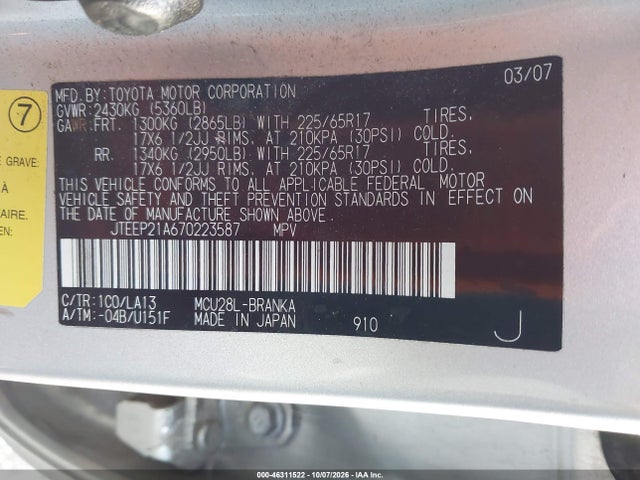 Продажа на аукционе авто 2007 Toyota Highlander Limited V6, vin: JTEEP21A670223587, номер лота: 46311522