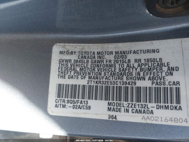 Продаж на аукціоні авто 2003 Toyota Matrix Standard, vin: 2T1KR32E53C139429, номер лоту: 46311533