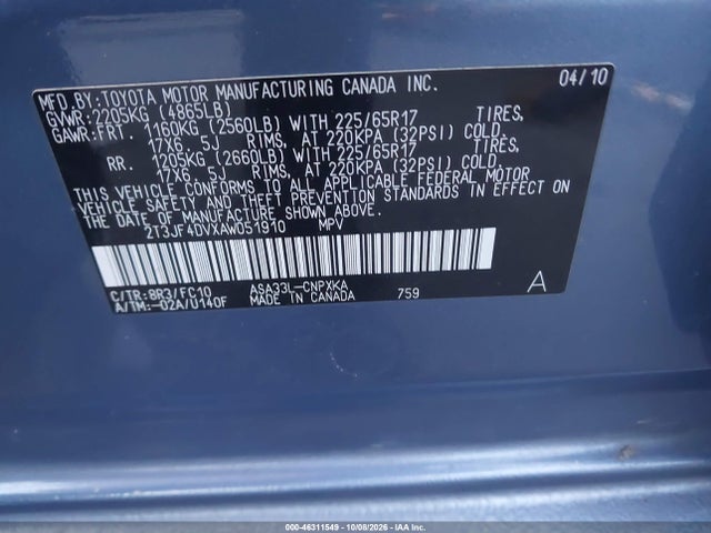 Aukcja sprzedaży 2010 Toyota Rav4, vin: 2T3JF4DVXAW051910, numer aukcji: 46311549