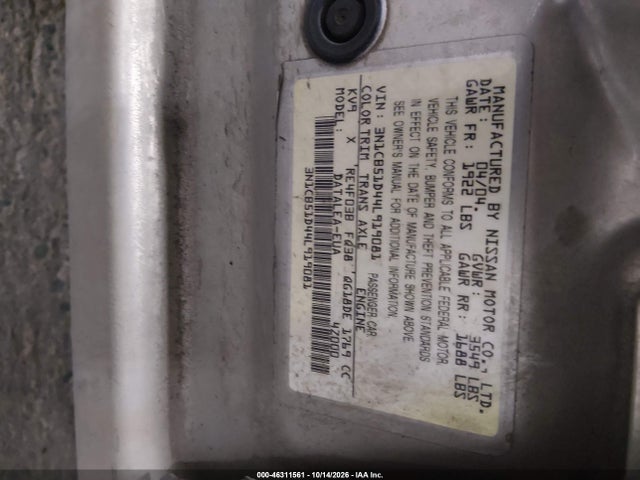 46311561 :رقم المزاد ، 3N1CB51D44L919081 vin ، 2004 Nissan Sentra 1.8s مزاد بيع