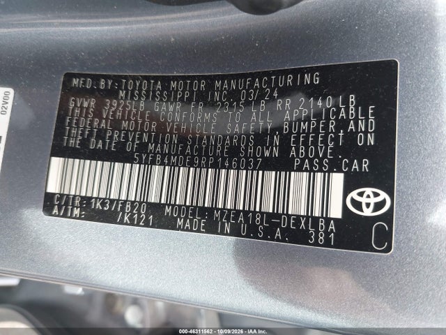 2024 Toyota Corolla Le მანქანა იყიდება აუქციონზე, vin: 5YFB4MDE9RP146037, აუქციონის ნომერი: 46311562