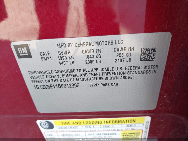 2011 Chevrolet Malibu 1lt მანქანა იყიდება აუქციონზე, vin: 1G1ZC5E11BF312995, აუქციონის ნომერი: 46311574