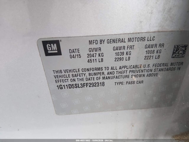 46311602 :رقم المزاد ، 1G11D5SL3FF292318 vin ، 2015 Chevrolet Malibu 2lt مزاد بيع