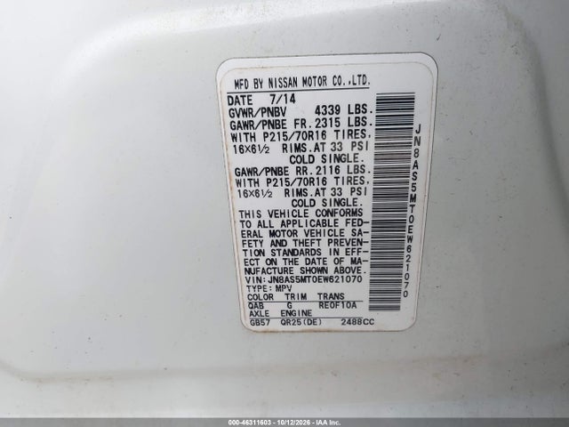 Aukcja sprzedaży 2014 Nissan Rogue Select S, vin: JN8AS5MT0EW621070, numer aukcji: 46311603