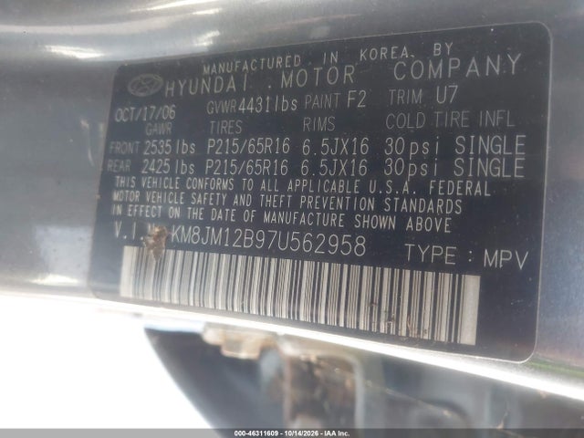 46311609 :رقم المزاد ، KM8JM12B97U562958 vin ، 2007 Hyundai Tucson Gls مزاد بيع