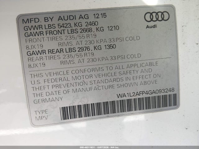 Aukcja sprzedaży 2016 Audi Q5 2.0t Premium, vin: WA1L2AFP4GA093248, numer aukcji: 46311631
