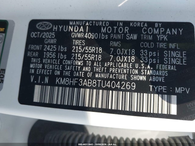 2026 Hyundai Kona Sel Sport მანქანა იყიდება აუქციონზე, vin: KM8HF3AB8TU404269, აუქციონის ნომერი: 46311643