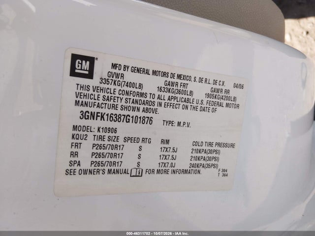 Auction sale of the 2007 Chevrolet Suburban 1500 Lt, vin: 3GNFK16387G101876, lot number: 46311702
