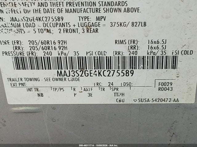 46311714 :رقم المزاد ، MAJ3S2GE4KC275589 vin ، 2019 Ford Ecosport Se مزاد بيع