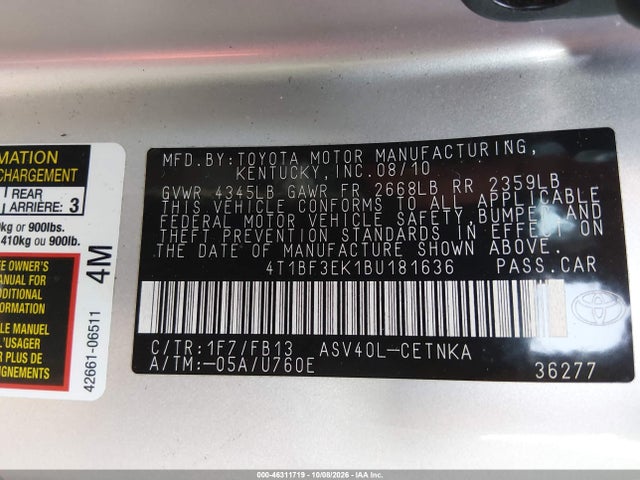 Продажа на аукционе авто 2011 Toyota Camry Le, vin: 4T1BF3EK1BU181636, номер лота: 46311719