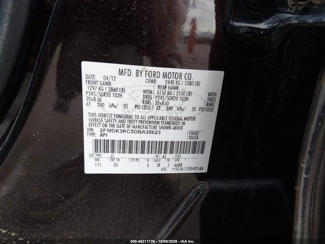 46311726 :رقم المزاد ، 2FMDK3KC5DBA35623 vin ، 2013 Ford Edge Limited مزاد بيع