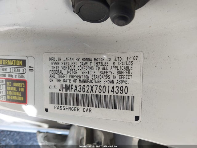 2007 Honda Civic Hybrid მანქანა იყიდება აუქციონზე, vin: JHMFA362X7S014390, აუქციონის ნომერი: 46311730