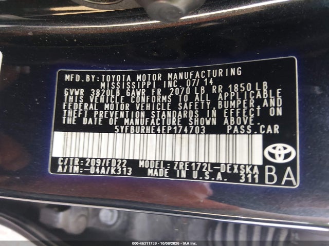 Продажа на аукционе авто 2014 Toyota Corolla S Plus, vin: 5YFBURHE4EP174703, номер лота: 46311739