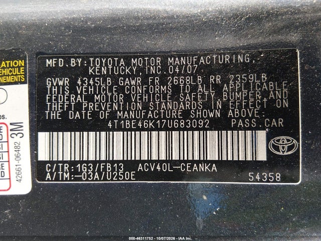 46311752 :رقم المزاد ، 4T1BE46K17U683092 vin ، 2007 Toyota Camry Le مزاد بيع