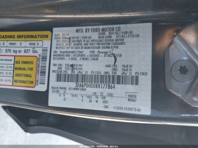 Ford FUSION SE 2019 3FA6P0HD0KR177864 Image 9