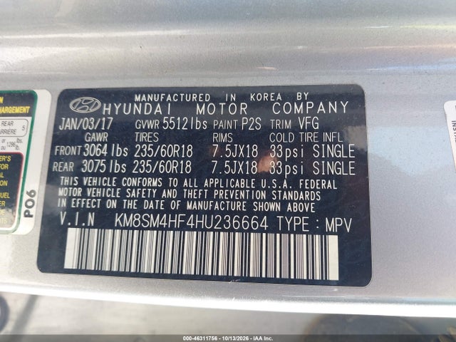 Aukcja sprzedaży 2017 Hyundai Santa Fe Se, vin: KM8SM4HF4HU236664, numer aukcji: 46311756