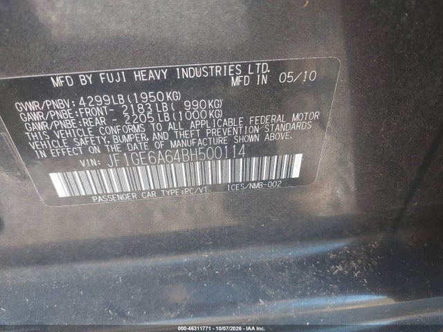2011 Subaru Impreza 2.5i მანქანა იყიდება აუქციონზე, vin: JF1GE6A64BH500114, აუქციონის ნომერი: 46311771