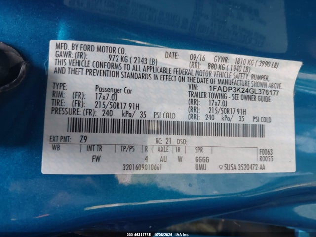 2016 Ford Focus Se მანქანა იყიდება აუქციონზე, vin: 1FADP3K24GL376177, აუქციონის ნომერი: 46311785