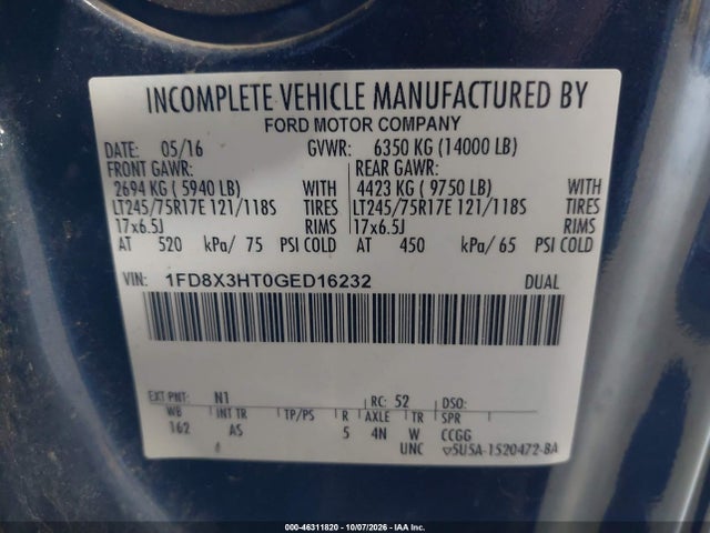 Продажа на аукционе авто 2016 Ford F-350 Chassis Xl, vin: 1FD8X3HT0GED16232, номер лота: 46311820