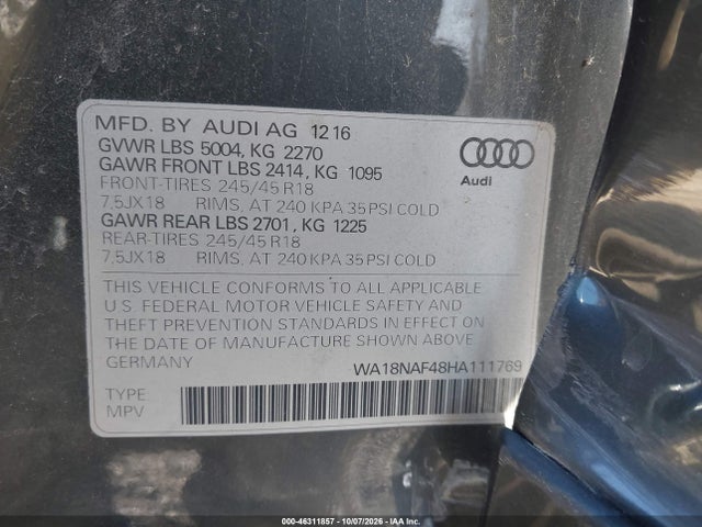 Aukcja sprzedaży 2017 Audi A4 Allroad 2.0t Premium, vin: WA18NAF48HA111769, numer aukcji: 46311857