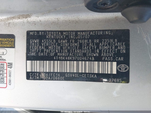 Aukcja sprzedaży 2007 Toyota Camry Se V6, vin: 4T1BK46K97U046749, numer aukcji: 46311872