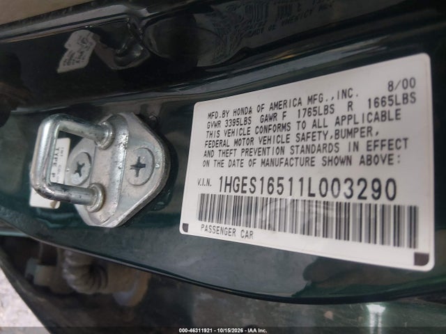 2001 Honda Civic Lx მანქანა იყიდება აუქციონზე, vin: 1HGES16511L003290, აუქციონის ნომერი: 46311921